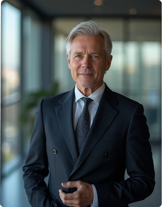 De man draagt een elegant, donker pak met een klassieke snit, met revers en strakke mouwen, en daaronder een licht overhemd met kraag en een stropdas met een fijn patroon. Hij staat rechtop, lichtjes naar de camera gedraaid, en zijn ene arm is tegen zijn lichaam gedrukt, terwijl de andere arm iets naar voren steekt, alsof hij op het punt staat iets te doen of te laten zien. Zijn houding kan worden omschreven als zelfverzekerd en ontspannen, en straalt professionaliteit en waardigheid uit. Zijn gezichtsuitdrukking is rustig en geconcentreerd, met een zachte glimlach die een sfeer van vertrouwen en autoriteit creëert.