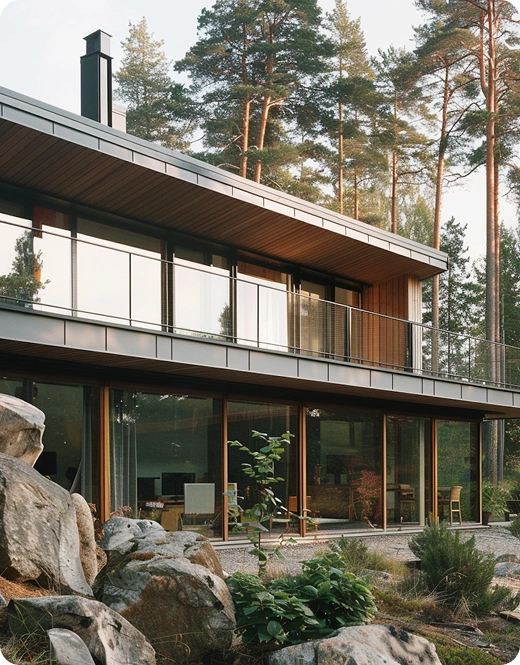 Dit is een moderne woning met twee verdiepingen, gelegen in een uitgestrekt bosrijk gebied, omringd door hoge bomen. De buitenomgeving straalt gezelligheid en elegantie uit, met natuursteen en kleine struiken verspreid over het terrein voor het huis. De stijl van de foto is die van een professionele opname uit een fotoshoot of architectuurreportage, waarbij de nadruk ligt op de harmonie tussen het huis en de natuur en de strakke lijnen van de architectuur. Het kleurenpalet bestaat voornamelijk uit tinten van natuurlijke materialen: grijs, bruin, groen en warm zonlicht, wat een gezellige en aangename sfeer creëert.