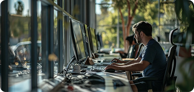 Op de foto is een man te zien die achter een bureau zit in een modern kantoor of een coworkingruimte met grote ramen. De omgeving is licht en gezellig; buiten, achter de ramen, is het groen van de bomen te zien, wat een sfeer van rust en natuurlijke frisheid creëert. Er is veel natuurlijk licht in de ruimte, dat de werkplek zacht verlicht.